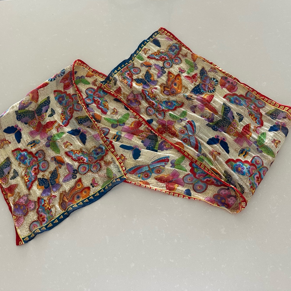 Vintage Sheer Colorful Butterfly Print Scarf with Sequence Accents